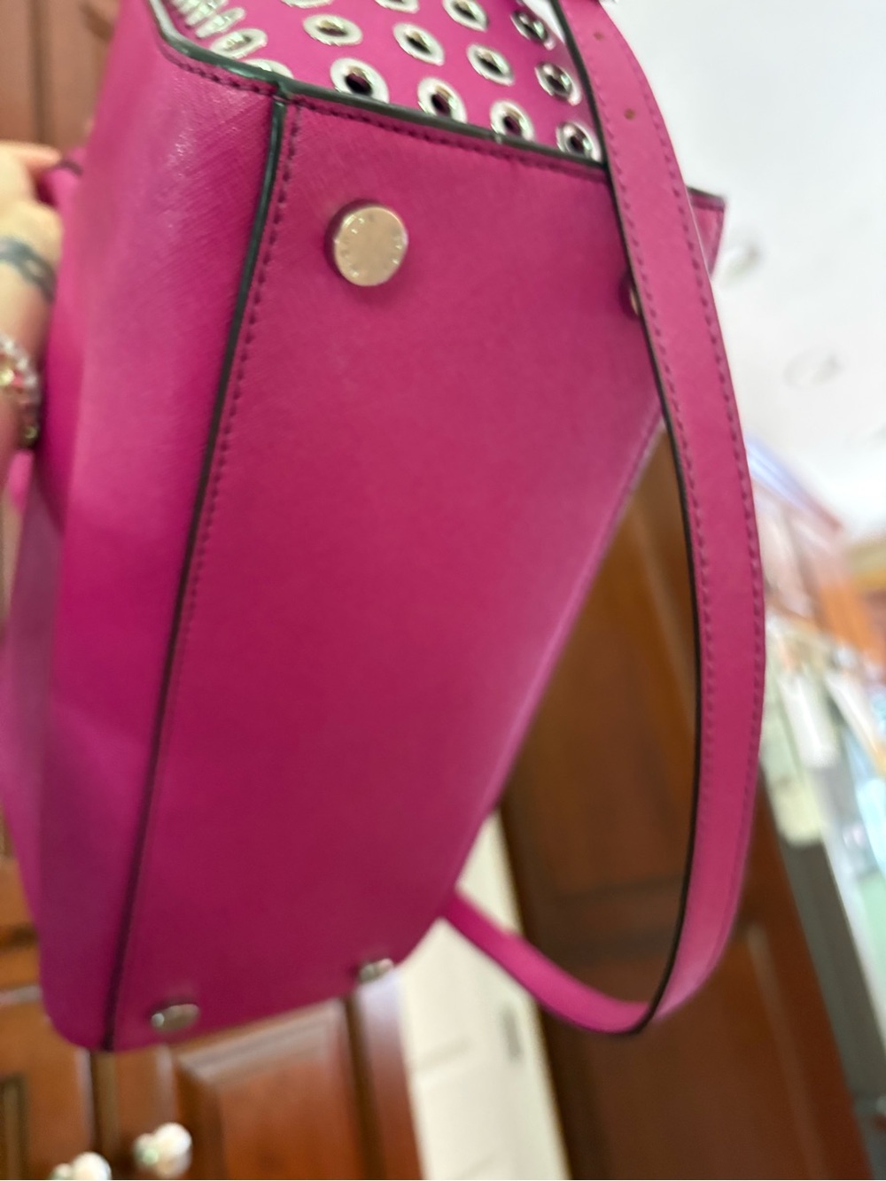 Michael Kors Hot Pink Saffiano Satchel with Eyelet Sides Selma bag - Picture 6 of 12
